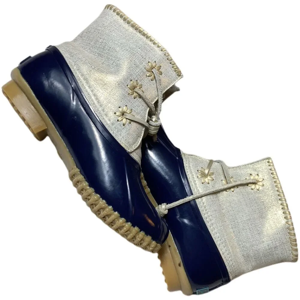 Jack Rogers Chloe Duck Boots Lace Up Women 6 Navy Cream
